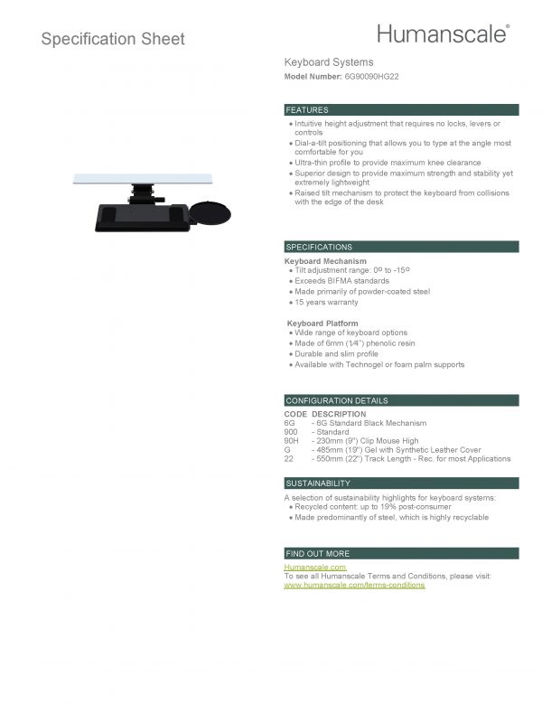 Humanscale 6G900 Underdesk Adjustable Keyboard Tray Black: Specification Sheet