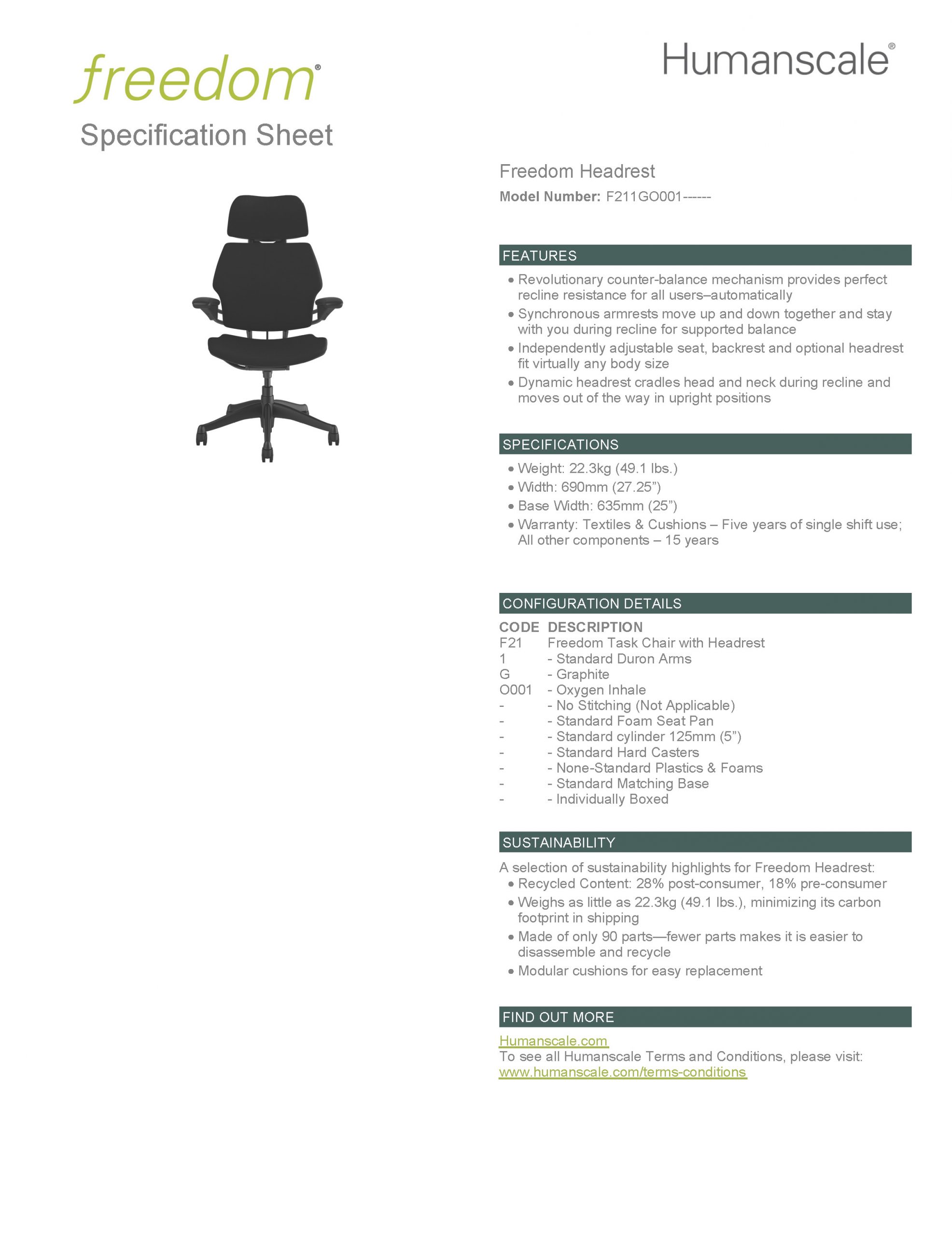 Freedom Headrest Chair: Graphite Frame, Black Fabric Specification Sheet