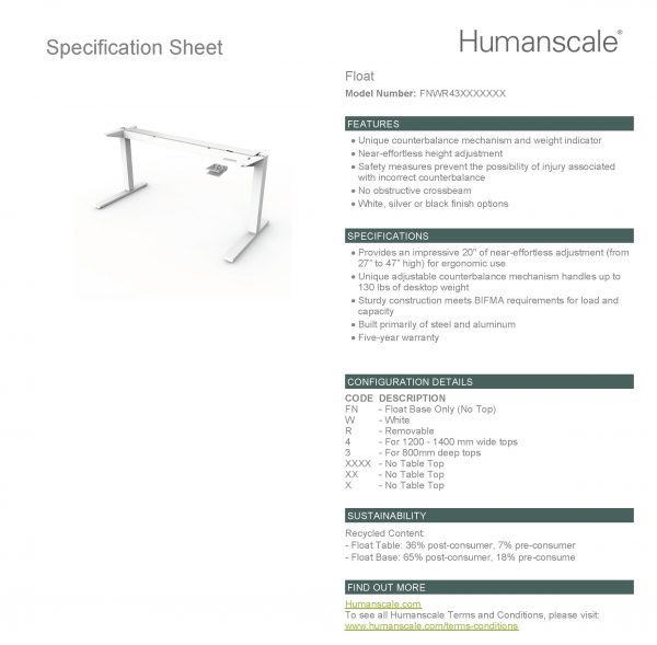 Humanscale Float Table – White (1200) Specification Sheet