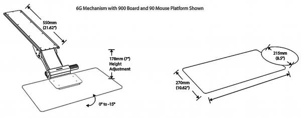 Humanscale 6G900 Underdesk Adjustable Keyboard Tray: Dimensions sheet