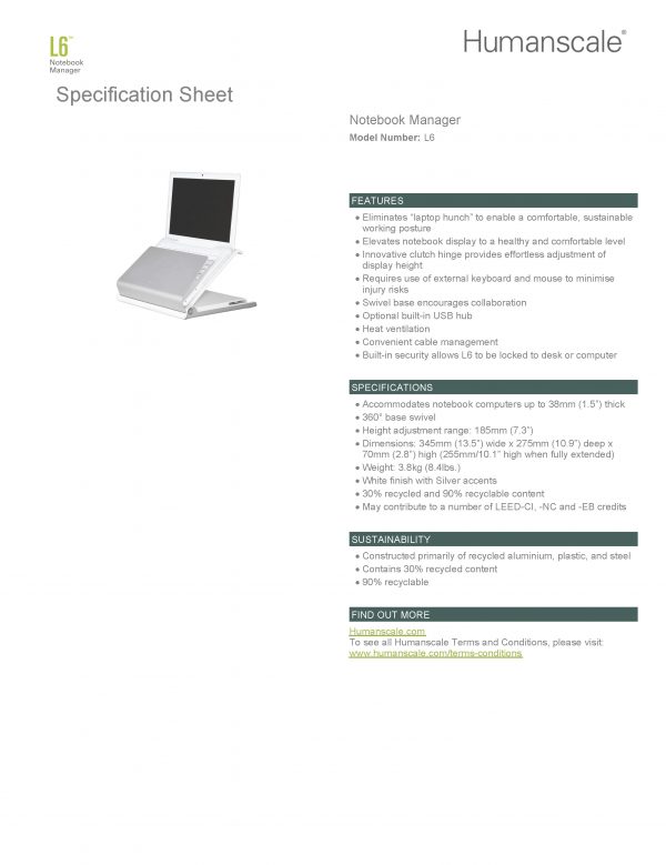 Humanscale L6 Laptop Holder Upto 3.8kg: Specification Sheet