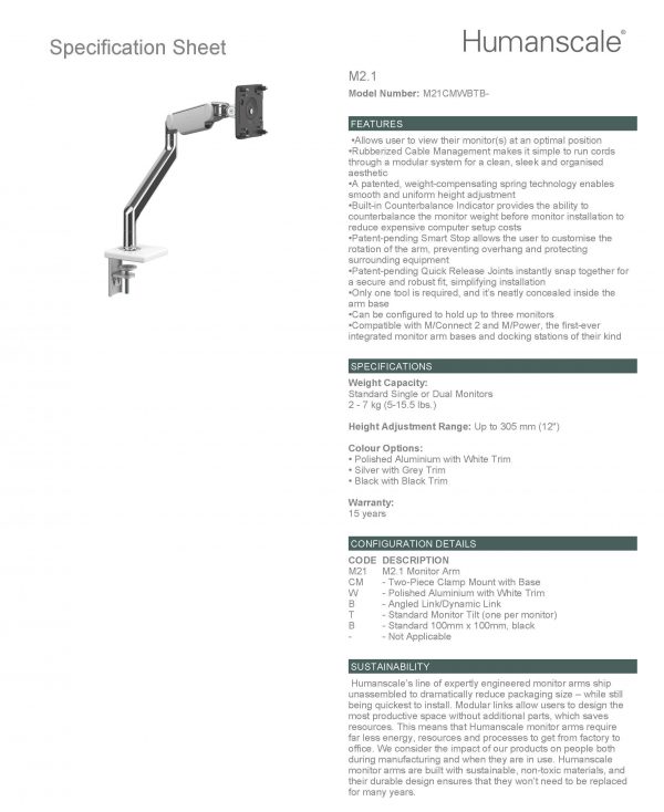 Humanscale Monitor Arm: M2.1 Single Clamp Mount Upto 7 Kg - Specification Sheet