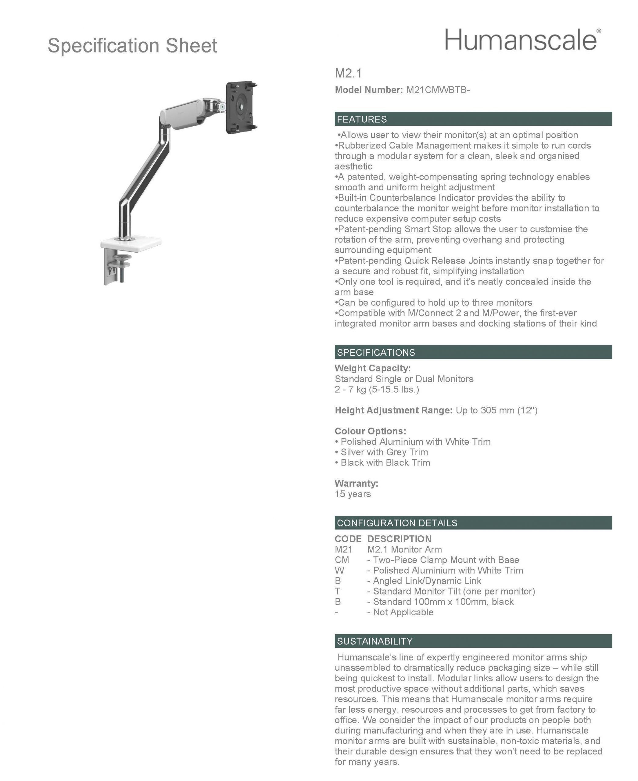 Humanscale Monitor Arm: M2.1 Single Clamp Mount Upto 7 Kg - Specification Sheet Humanscale Monitor Arm: M2.1 Single Clamp Mount Upto 7 Kg - Specification Sheet