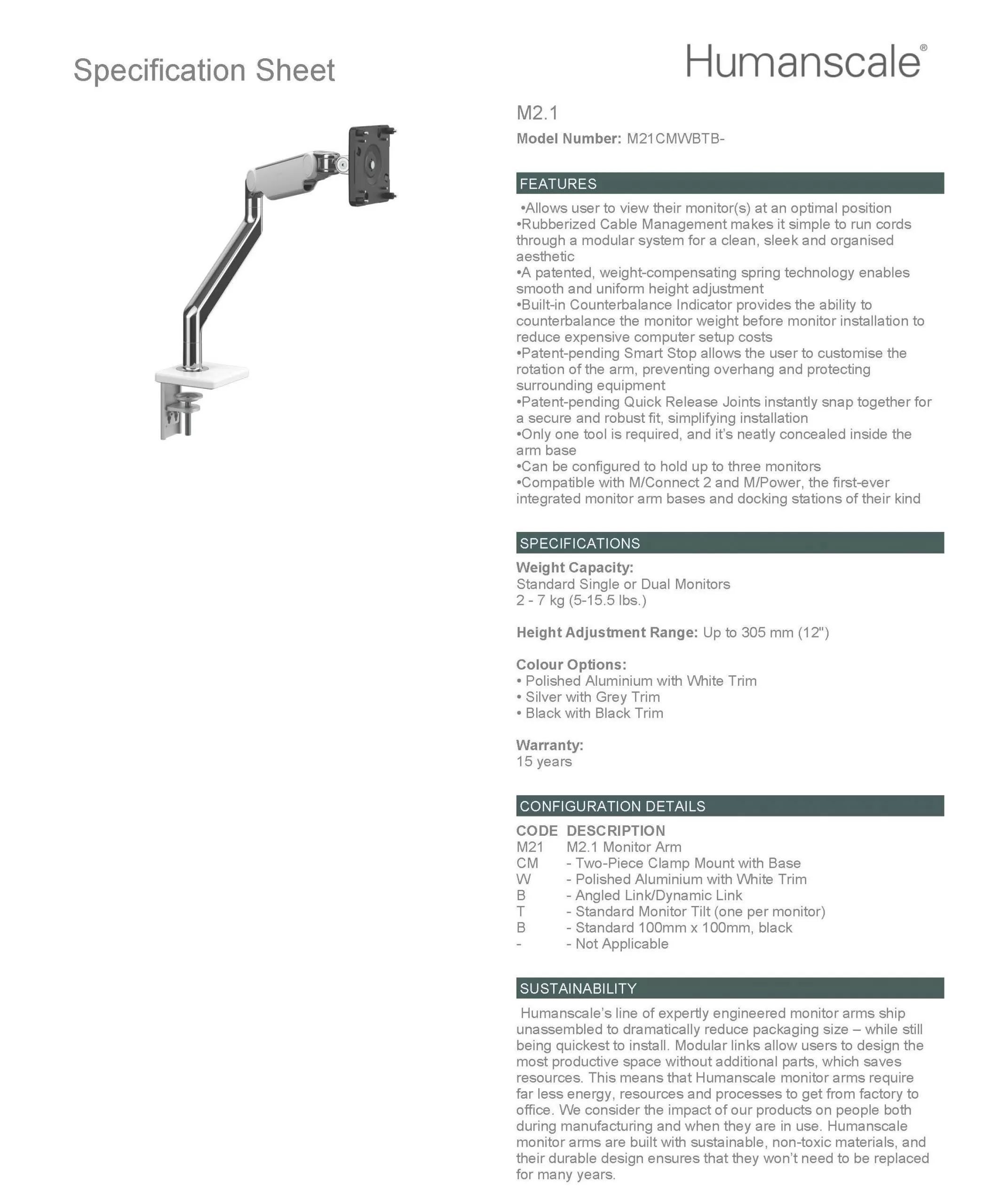 Humanscale Monitor Arm: M2.1 Single Clamp Mount Upto 7 Kg - Specification Sheet