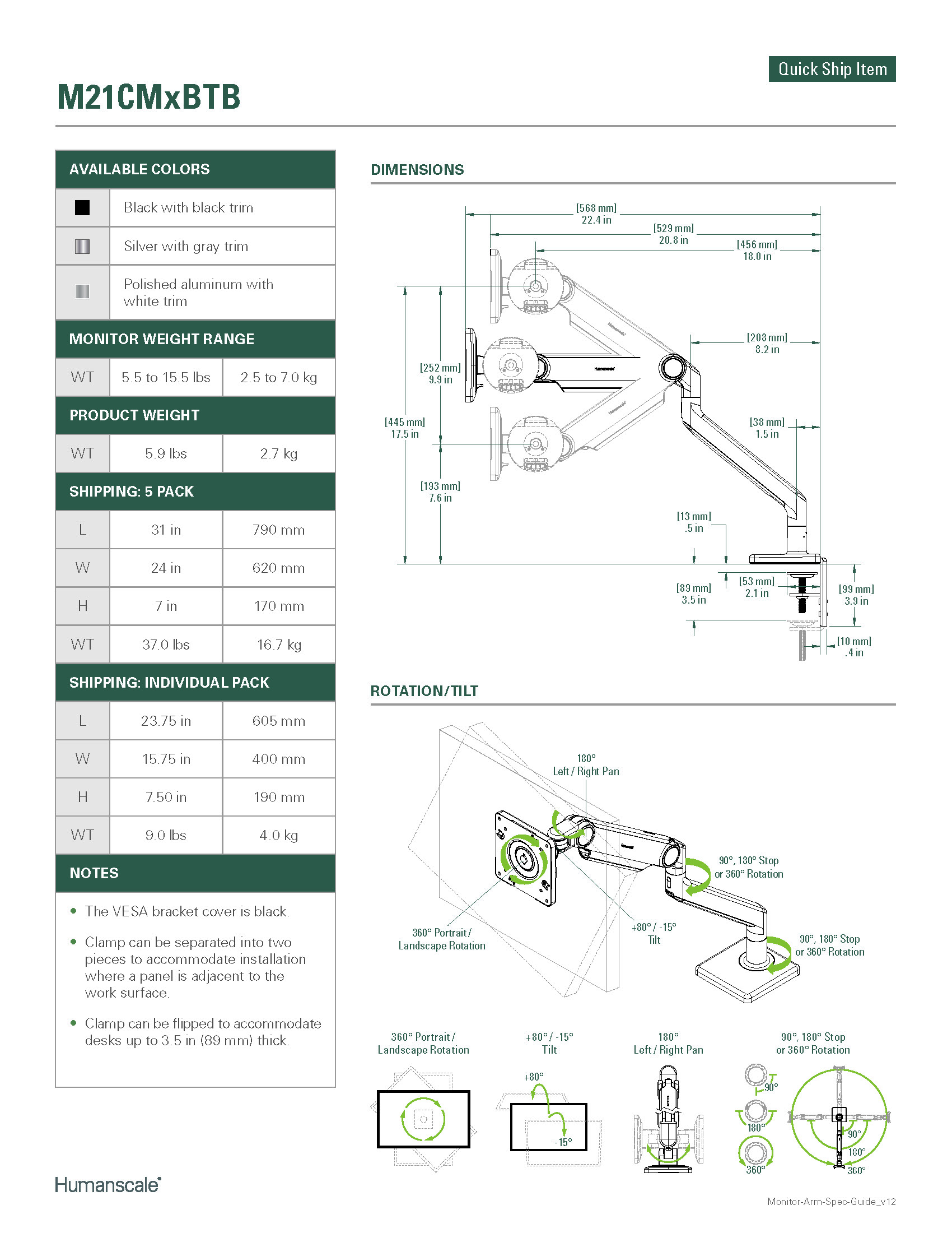 Humanscale Single Monitor Arm: M2.1 Single Clamp Mount Upto 7 Kg : Dimension Sheet Humanscale Single Monitor Arm: M2.1 Single Clamp Mount Upto 7 Kg : Dimension Sheet