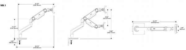 Ergonomic Humanscale Monitor Arm: M8.1 Upto 13 Kg (28.6 lbs) - Dimension Sheet