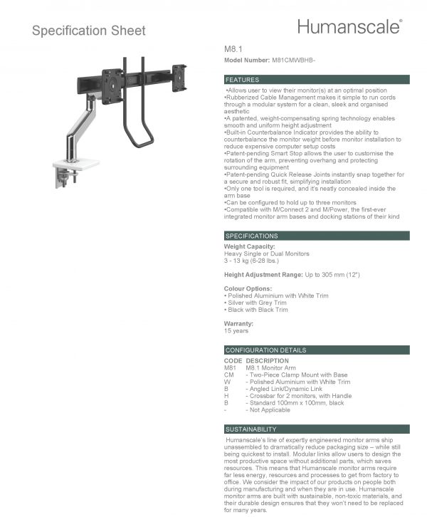 Humanscale Monitor Arm: M8.1 Upto 13 Kg (28.6 lbs) - Specification Sheet