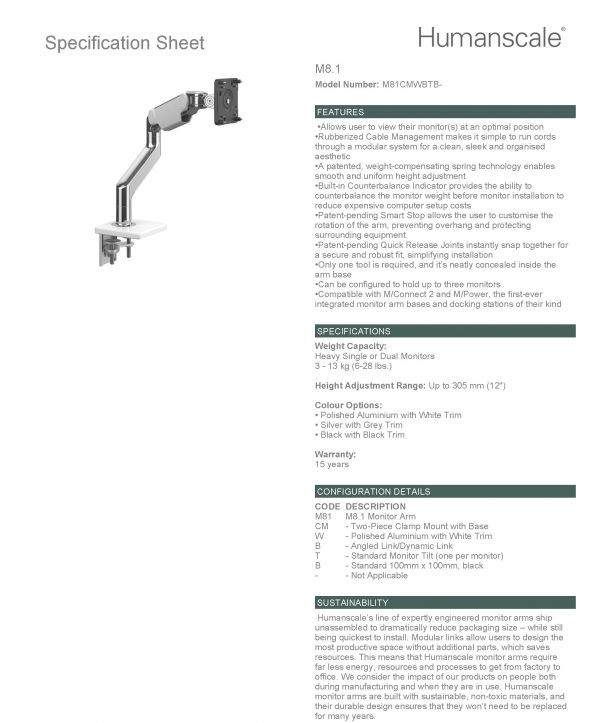 Humanscale Single Monitor Arm: M8.1 Single Clamp Mount Upto 13 Kg: Specification Sheet