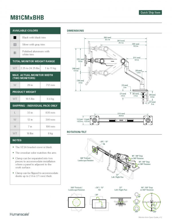 Humanscale Monitor Arm: M8.1 Upto 13 Kg (28.6 lbs) - Dimension Sheet