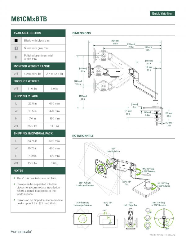 Specification Sheet: M8.1 Single Clamp Mount Upto 13 Kg
