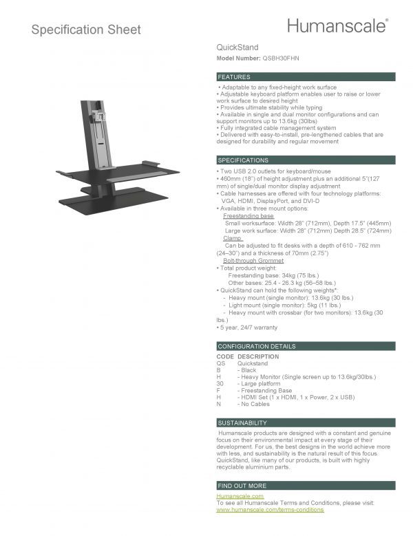 Humanscale QuickStand for Single Monitor in Black: Specification Sheet