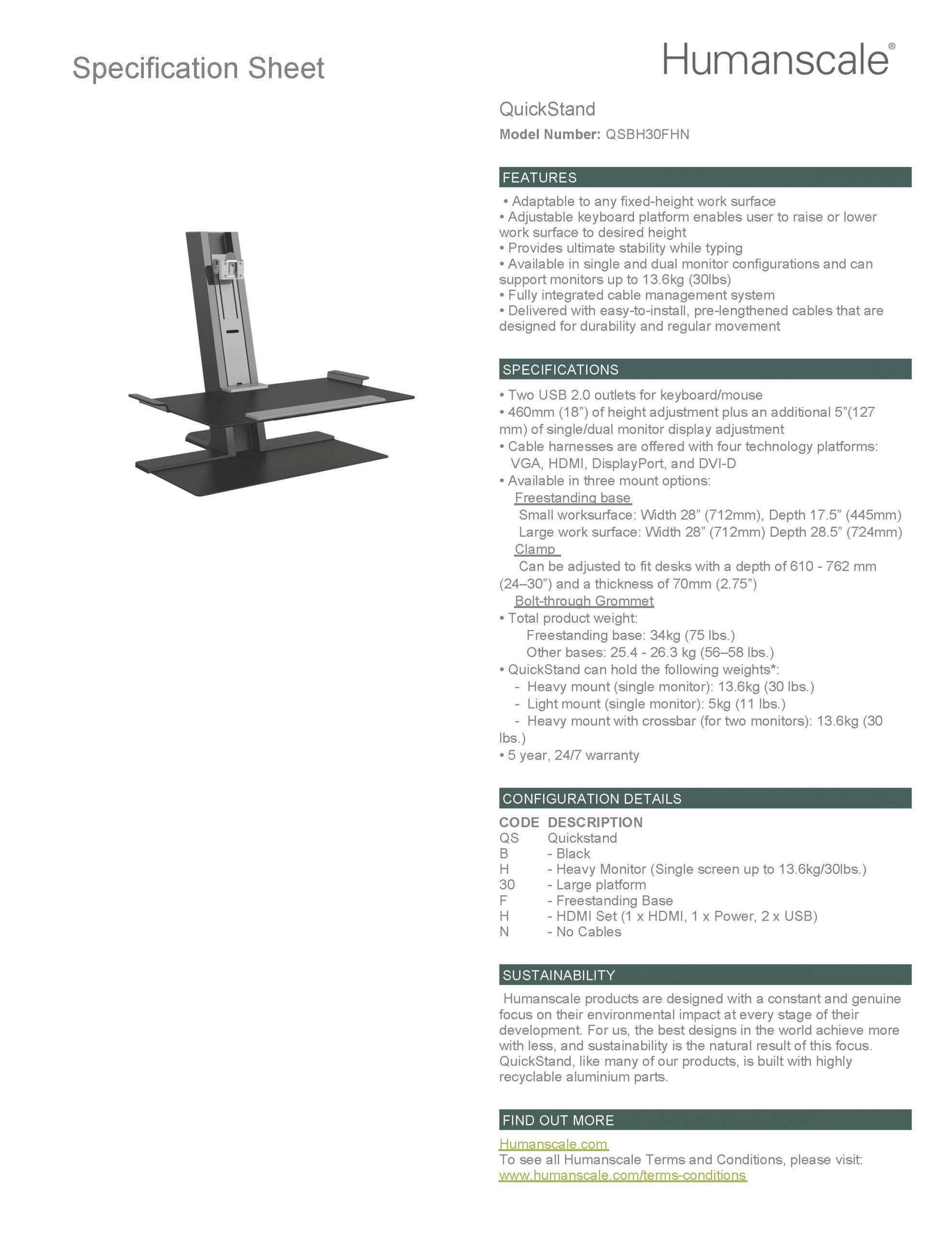 Humanscale QuickStand for Single Monitor in Black: Specification Sheet Humanscale QuickStand for Single Monitor in Black: Specification Sheet