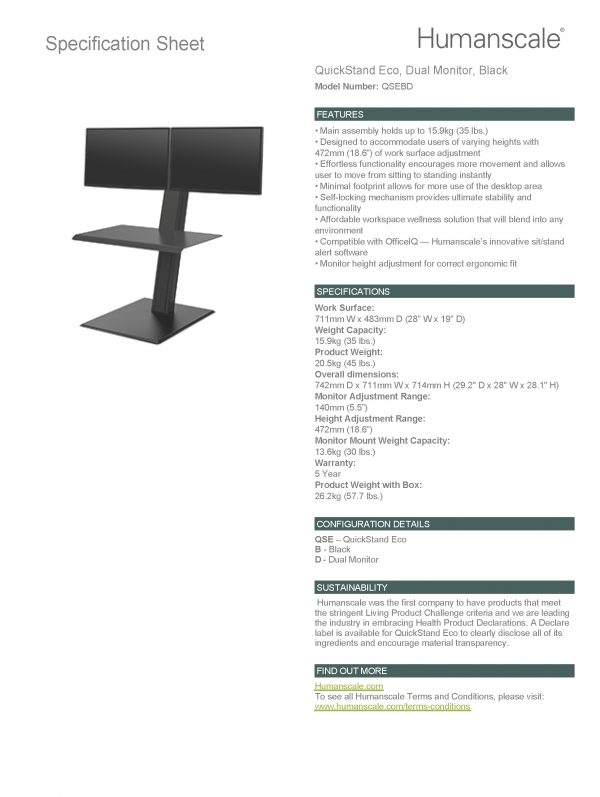 Humanscale QuickStand Eco-Dual Monitor-Cross Bar-Black: Specification Sheet