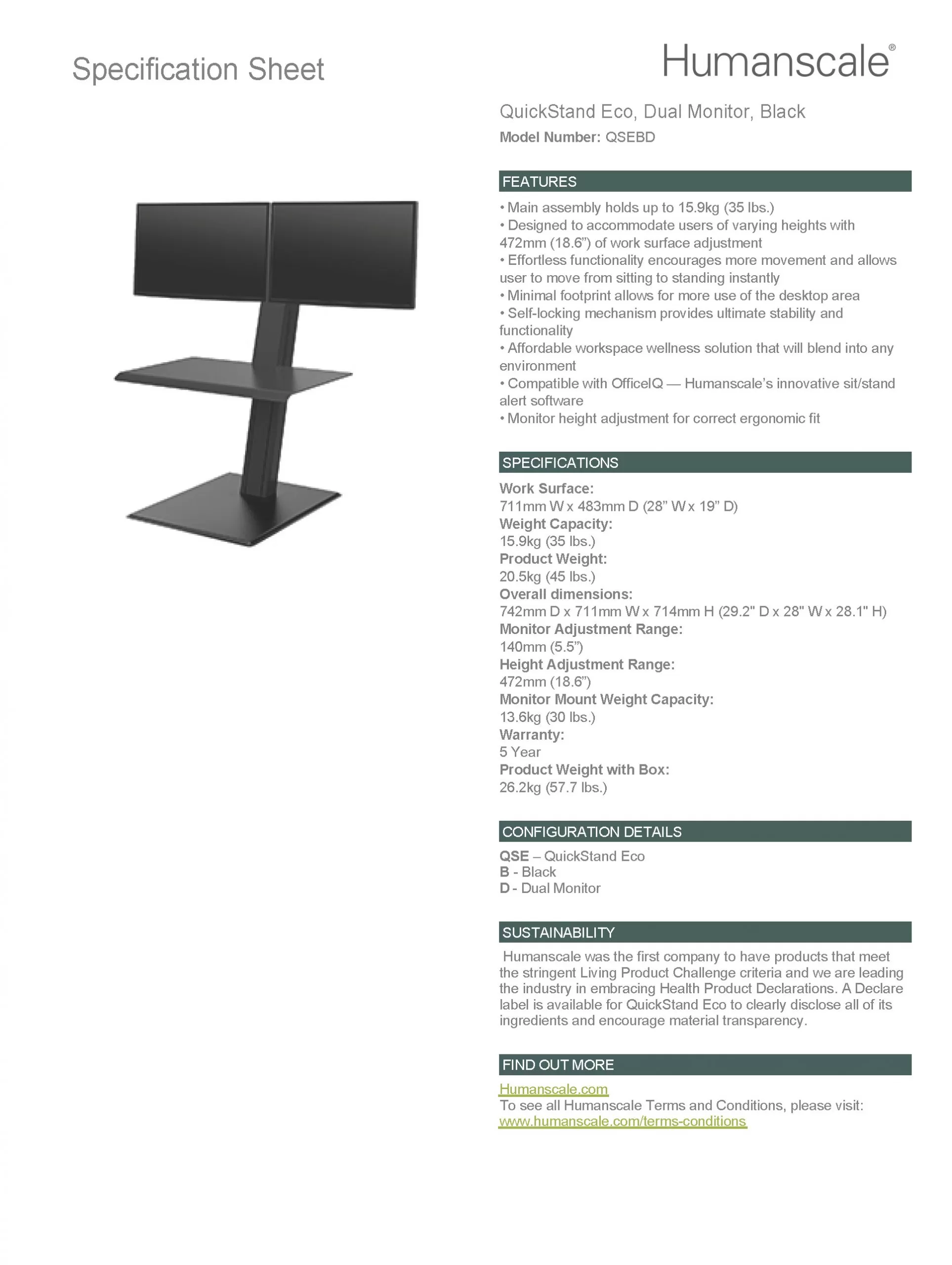 Humanscale QuickStand Eco-Dual Monitor-Cross Bar-Black: Specification Sheet