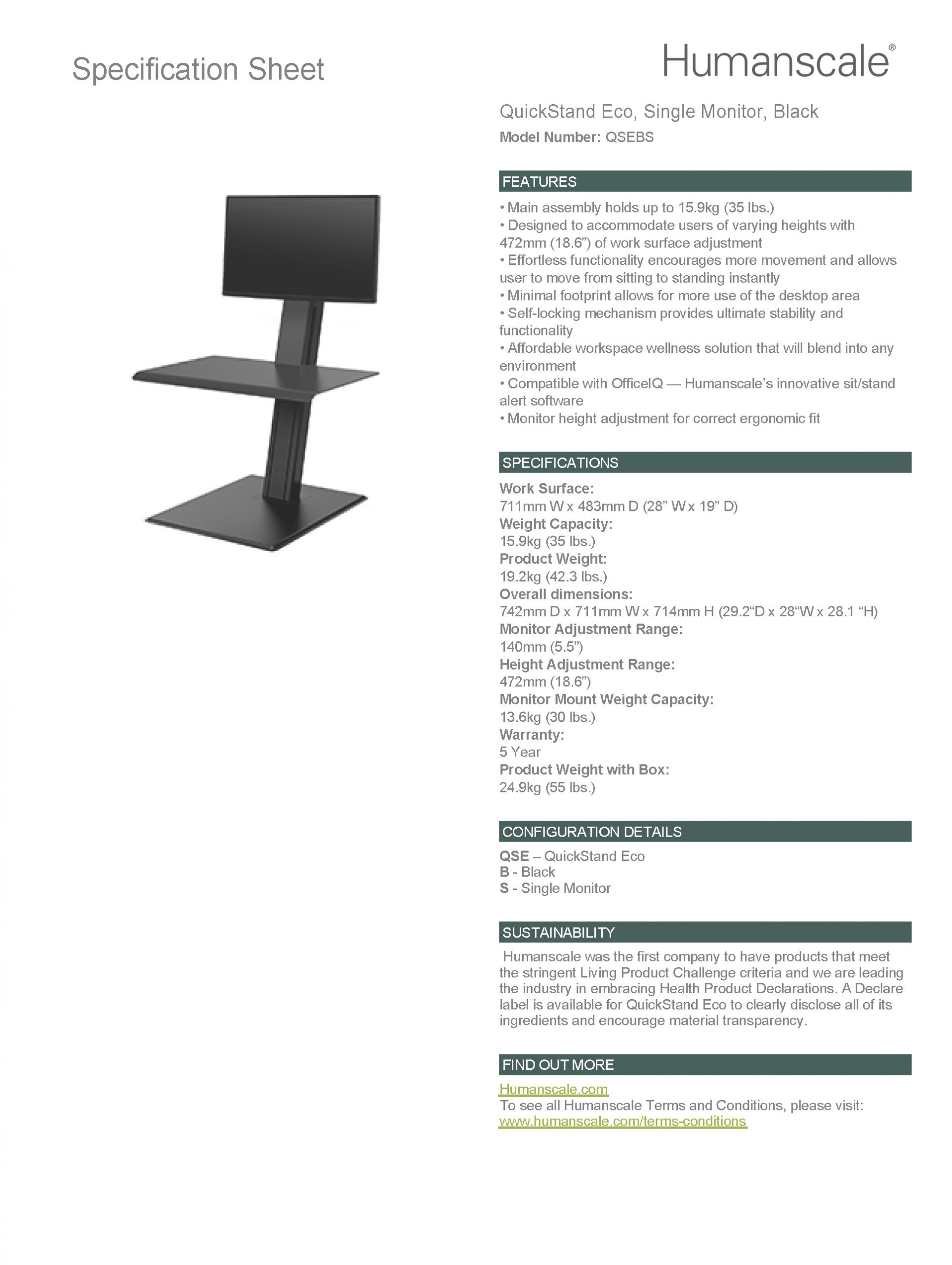 Humanscale QuickStand Eco-Single Monitor-Black: Specification Sheet