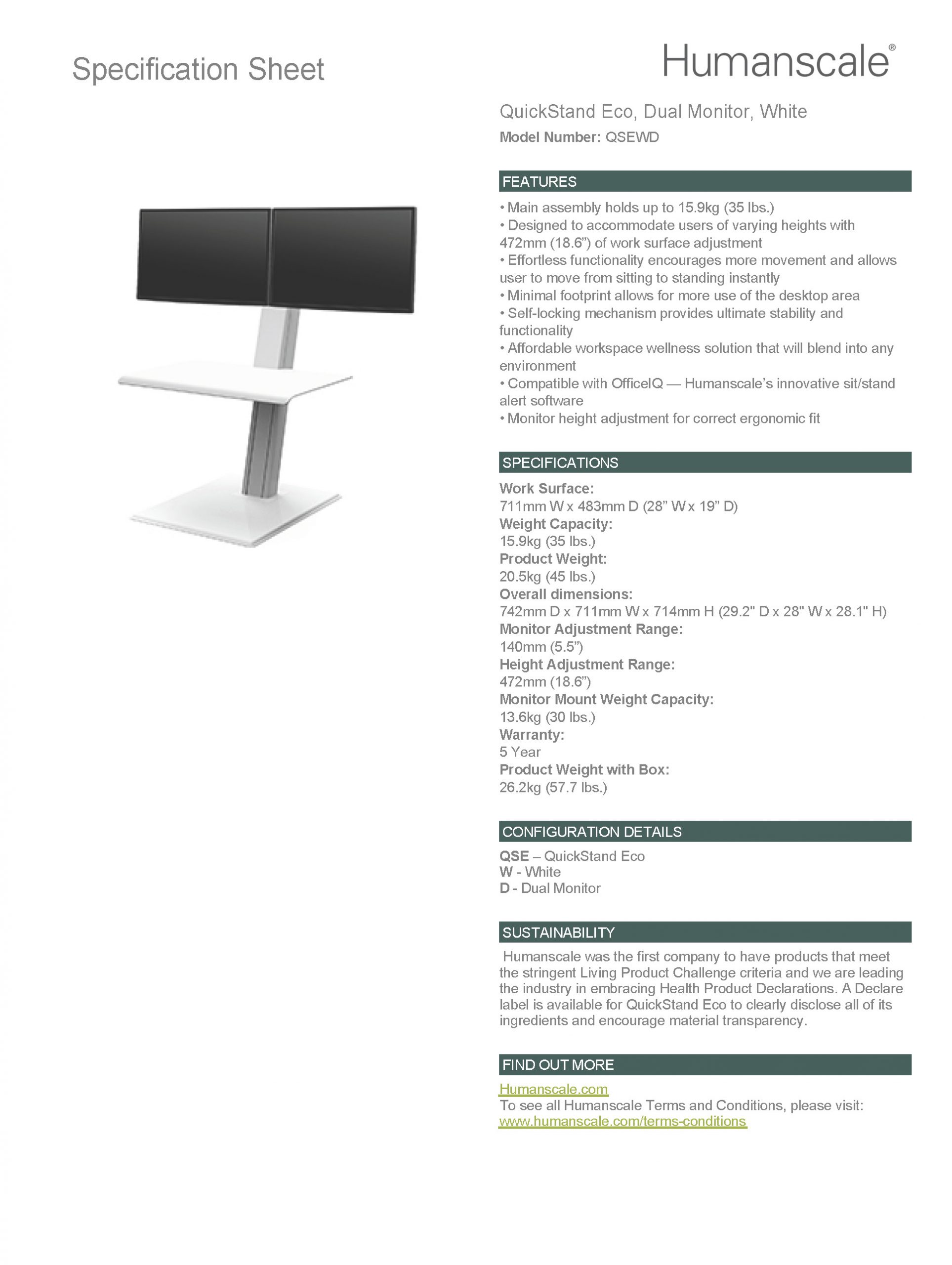 Humanscale QuickStand Eco-Dual Monitor-Cross Bar-White: Specification Sheet