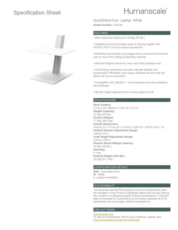 Specification Sheet: Humanscale QuickStand Eco Laptop White