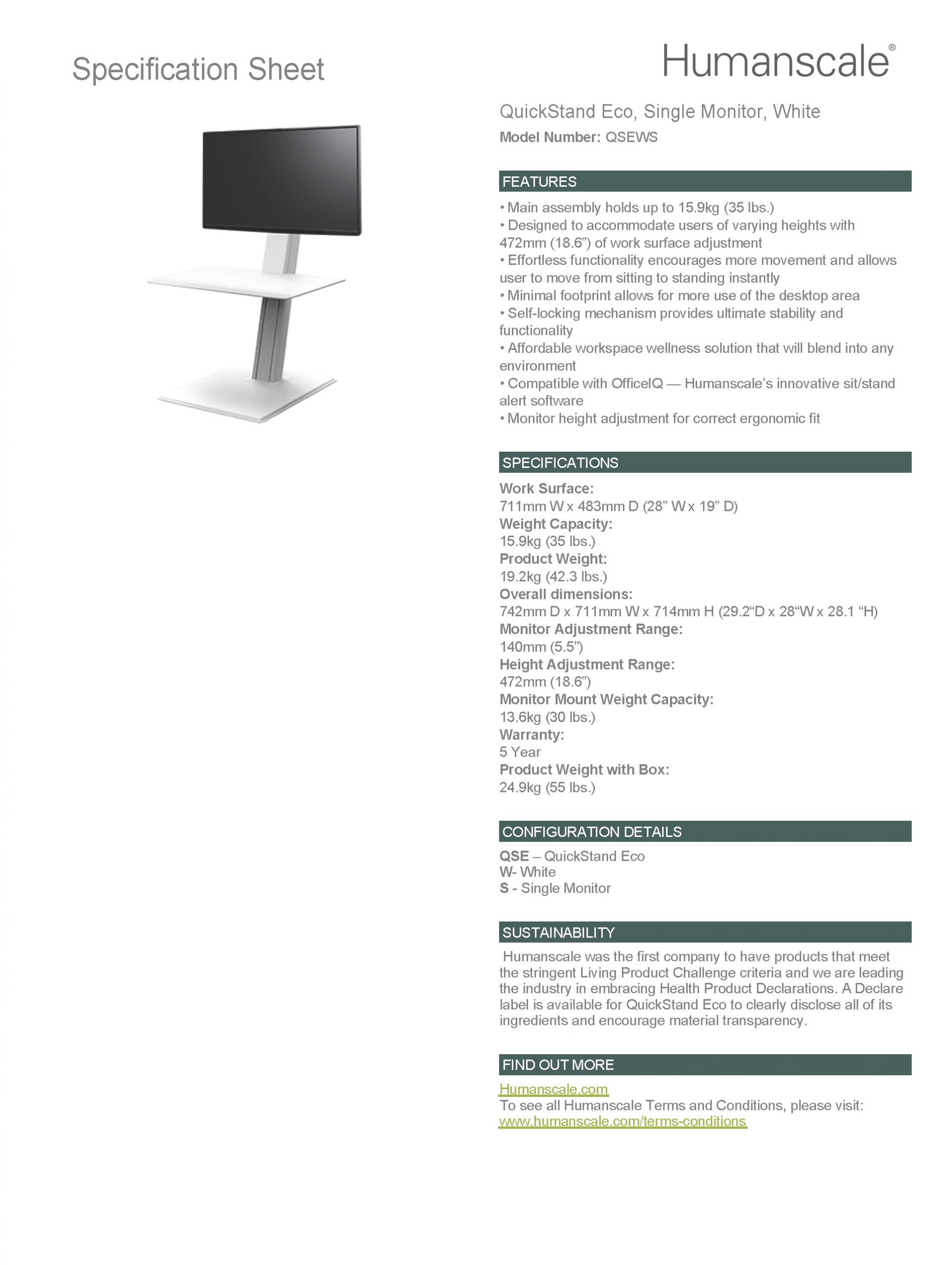 QuickStand Eco-Single Monitor-White: Specification Sheet
