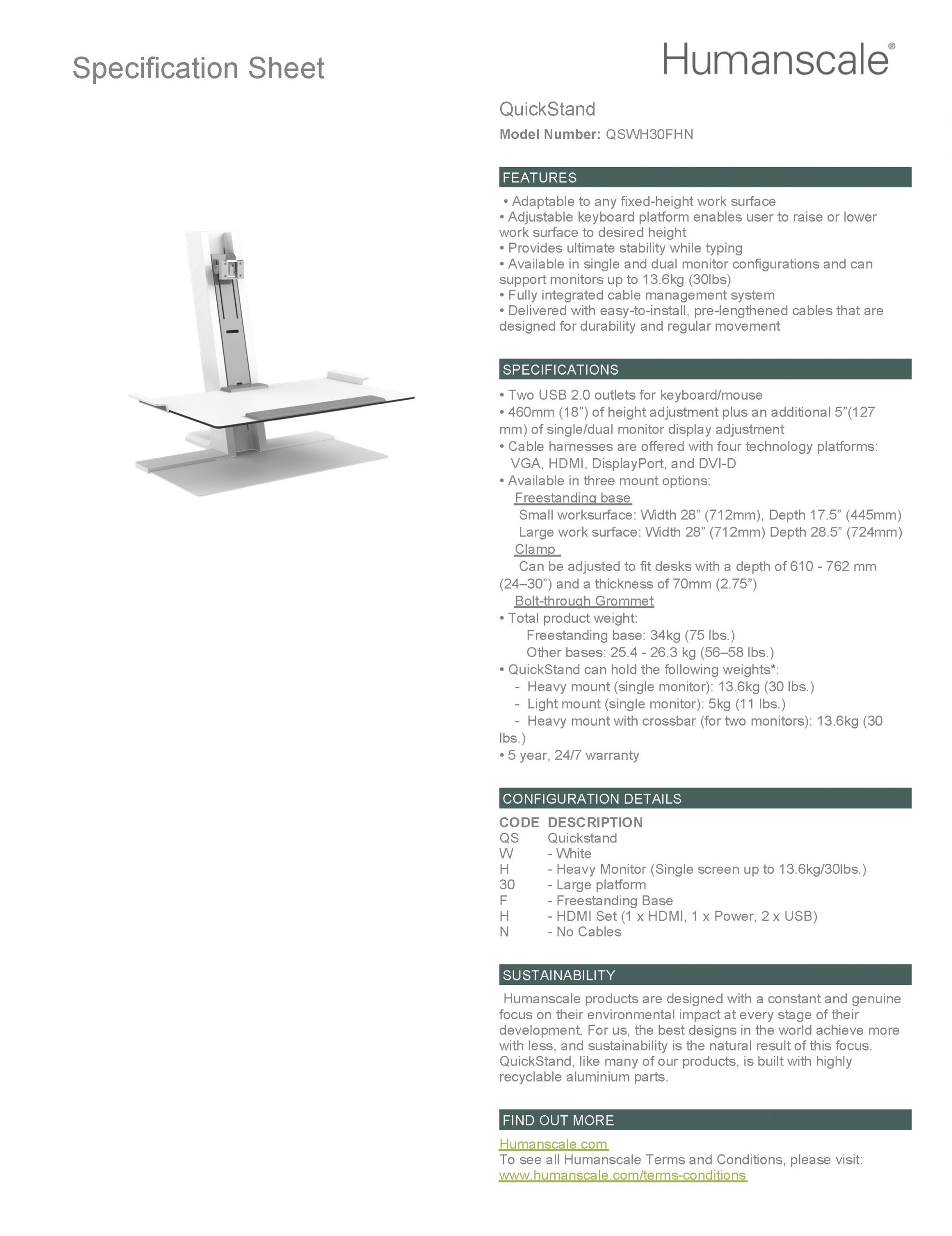 Humanscale QuickStand for Single Monitor in White Specification Sheet