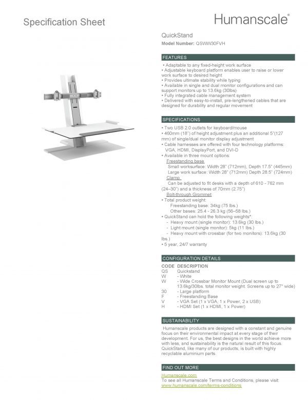 Humanscale QuickStand - Dual Wide Crossbar In White Specification Sheet