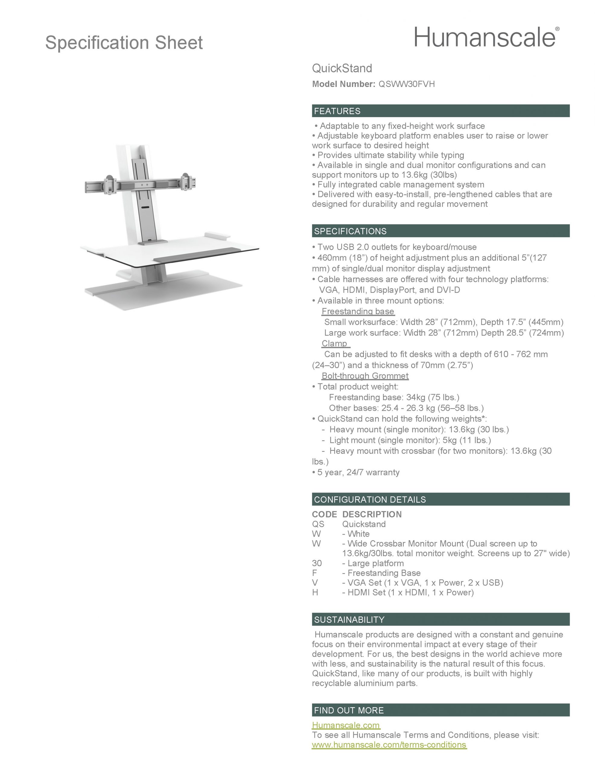 Humanscale QuickStand - Dual Wide Crossbar In White Specification Sheet Humanscale QuickStand - Dual Wide Crossbar In White Specification Sheet