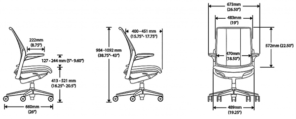 Diffrient World Chair: Black Frame & Cushion Seat, Mesh Backrest Dimensions