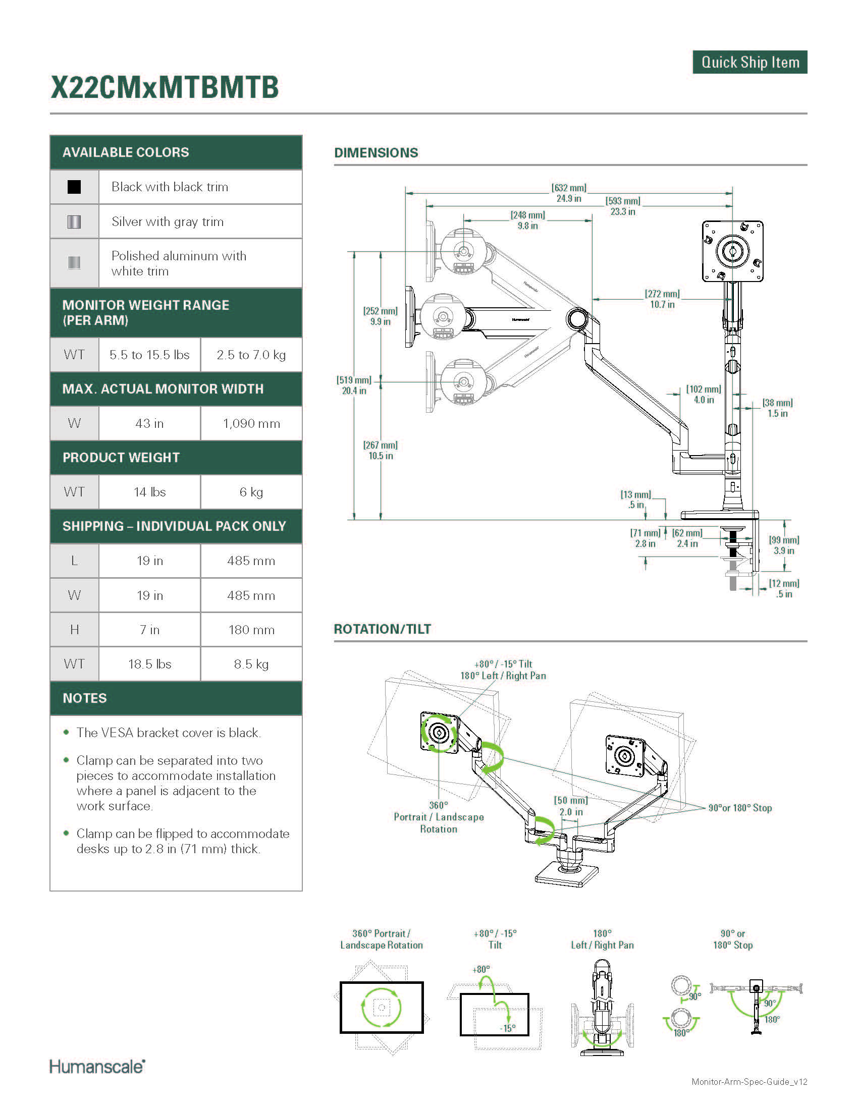 Humanscale Monitor Arm: M2.1 Dual Clamp Mount Upto 7 Kg Each - Specification Sheet