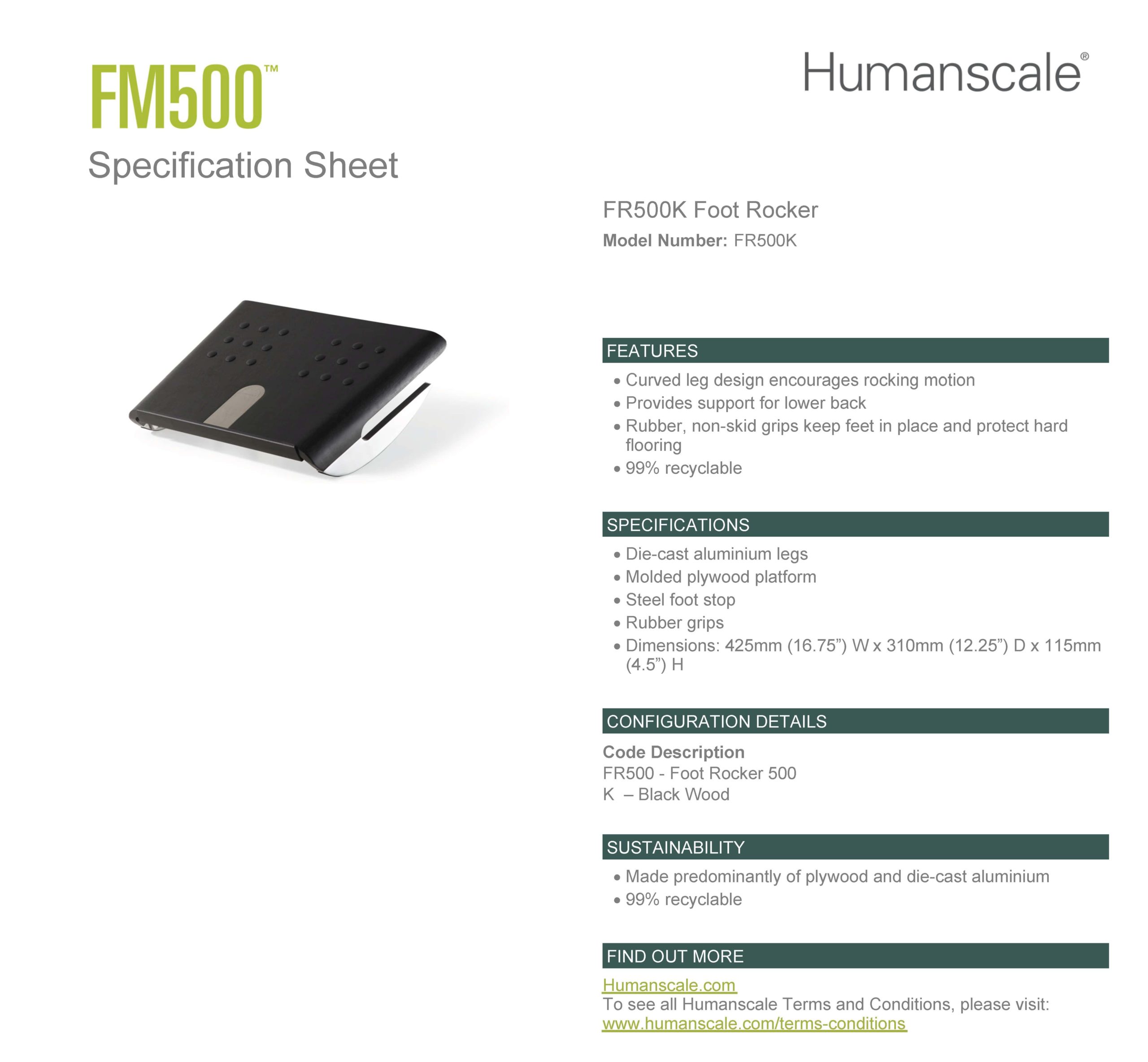 Humanscale FR500 Ergonomic Under Desk Foot Rocker Specification sheet