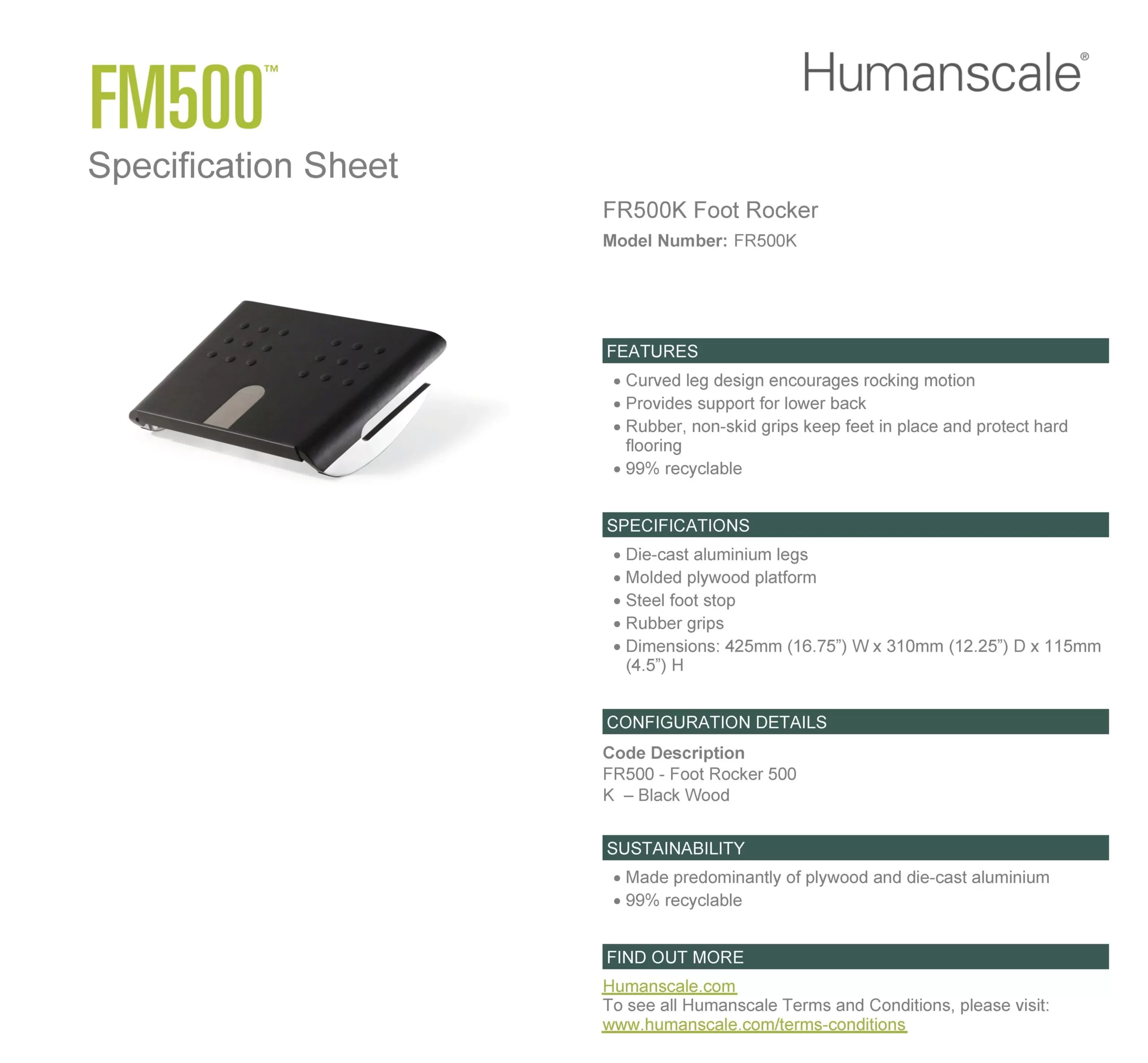 Humanscale FR500 Ergonomic Under Desk Foot Rocker Specification sheet Humanscale FR500 Ergonomic Under Desk Foot Rocker Specification sheet