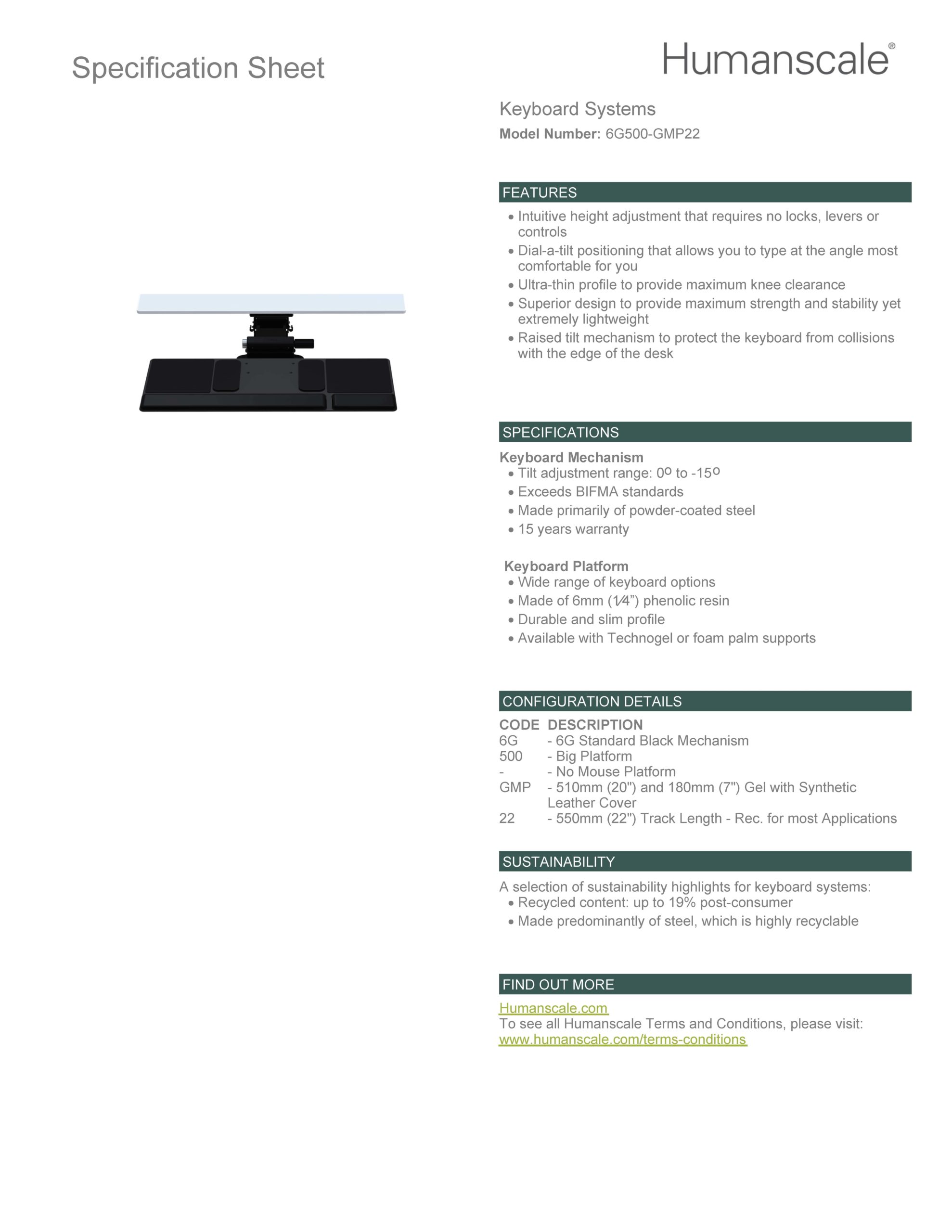 Humanscale 6G500 Underdesk Adjustable Keyboard Tray - Specification Sheet