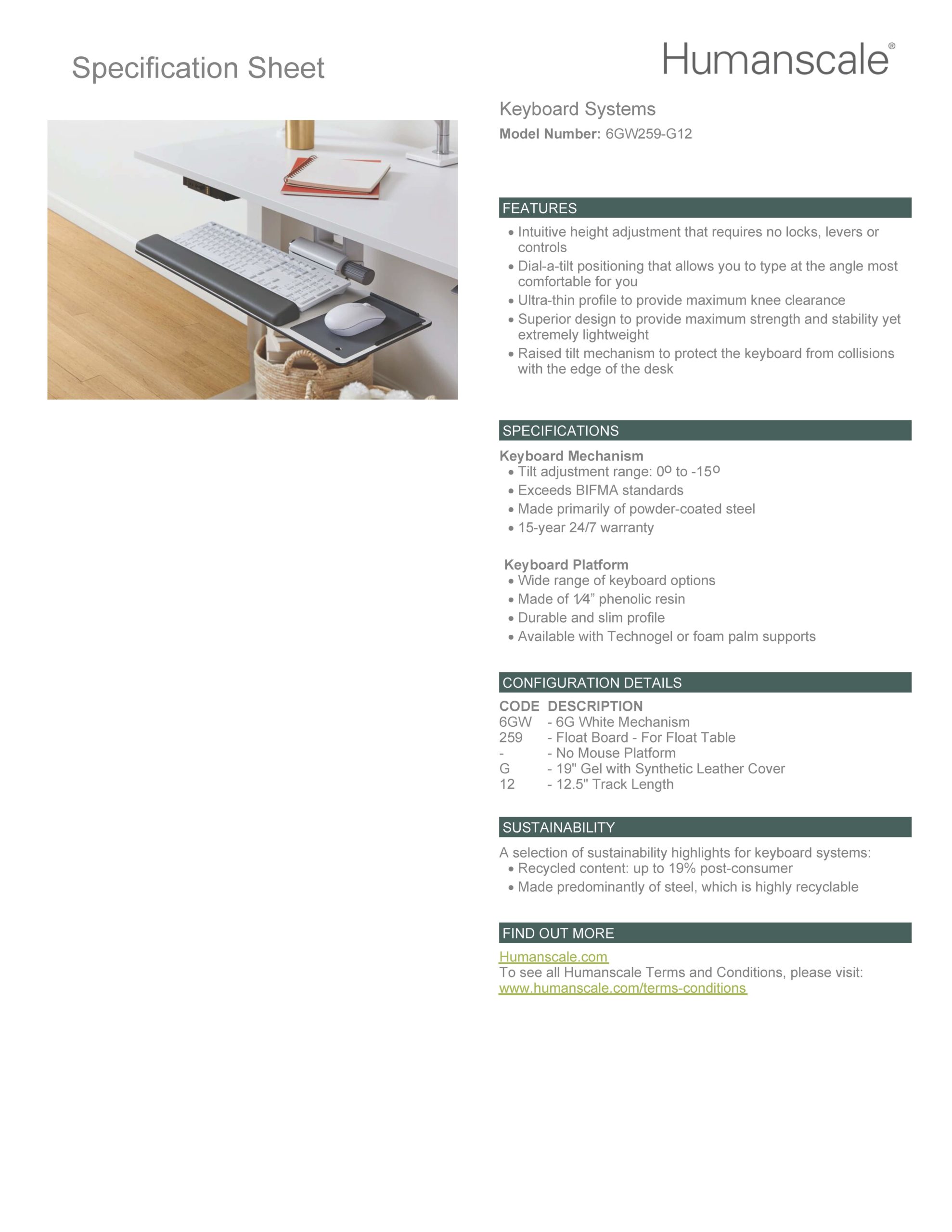 Ergonomic Humanscale 6F Adjustable Keyboard Tray For Float Table - White Specification Sheet