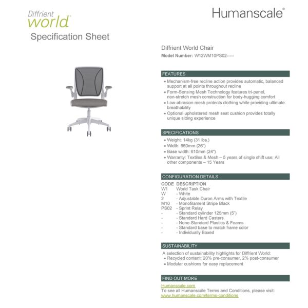 Humanscale Diffrient World Chair | White Frame, Relay Fabric, Mesh Back Specifications