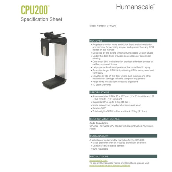 Ergonomic Humanscale Under Desk CPU Holders - CPU200 (Upto 6.8kg) - Specification Sheet