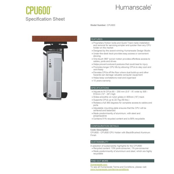 Humanscale CPU600 Under Desk CPU Holder Specification