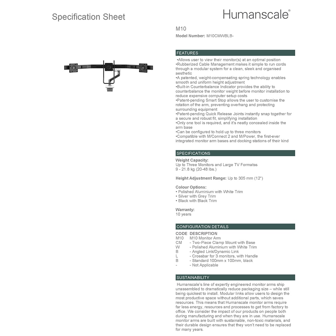 7-min M10 Monitor Arm with Crossbar For Monitors Up To 21.8 Kg Specification