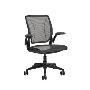 A black ergonomic office chair with a mesh backrest, cushioned seat, and adjustable armrests