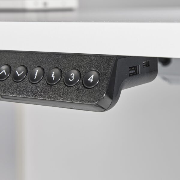 Height Adjustable Desk white: eFloat Go 2.0 with anti-collision sensors, and a digital handset equipped with both USB-A and USB-C Ports