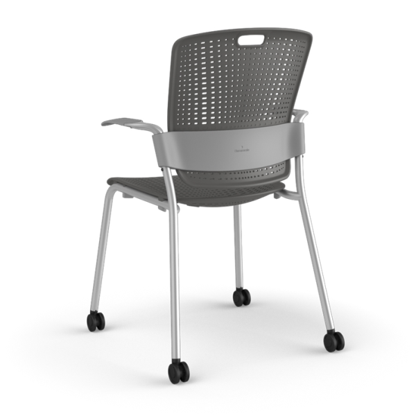 A gray cinto office chair with a perforated back, metal legs, and small wheels
