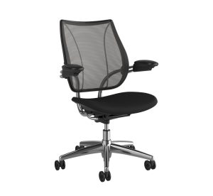 A black ergonomic liberty ocean chair with a mesh backrest, cushioned seat, adjustable armrests, and a swivel base on five wheels.