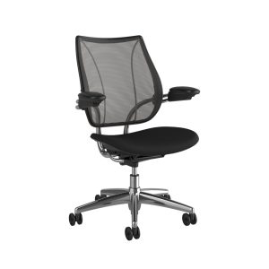 A black ergonomic liberty ocean chair with a mesh backrest, cushioned seat, adjustable armrests, and a swivel base on five wheels.