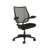 l11Tv4_0030 A black ergonomic liberty ocean chair with a mesh backrest, cushioned seat, adjustable armrests, and a swivel base on five wheels.