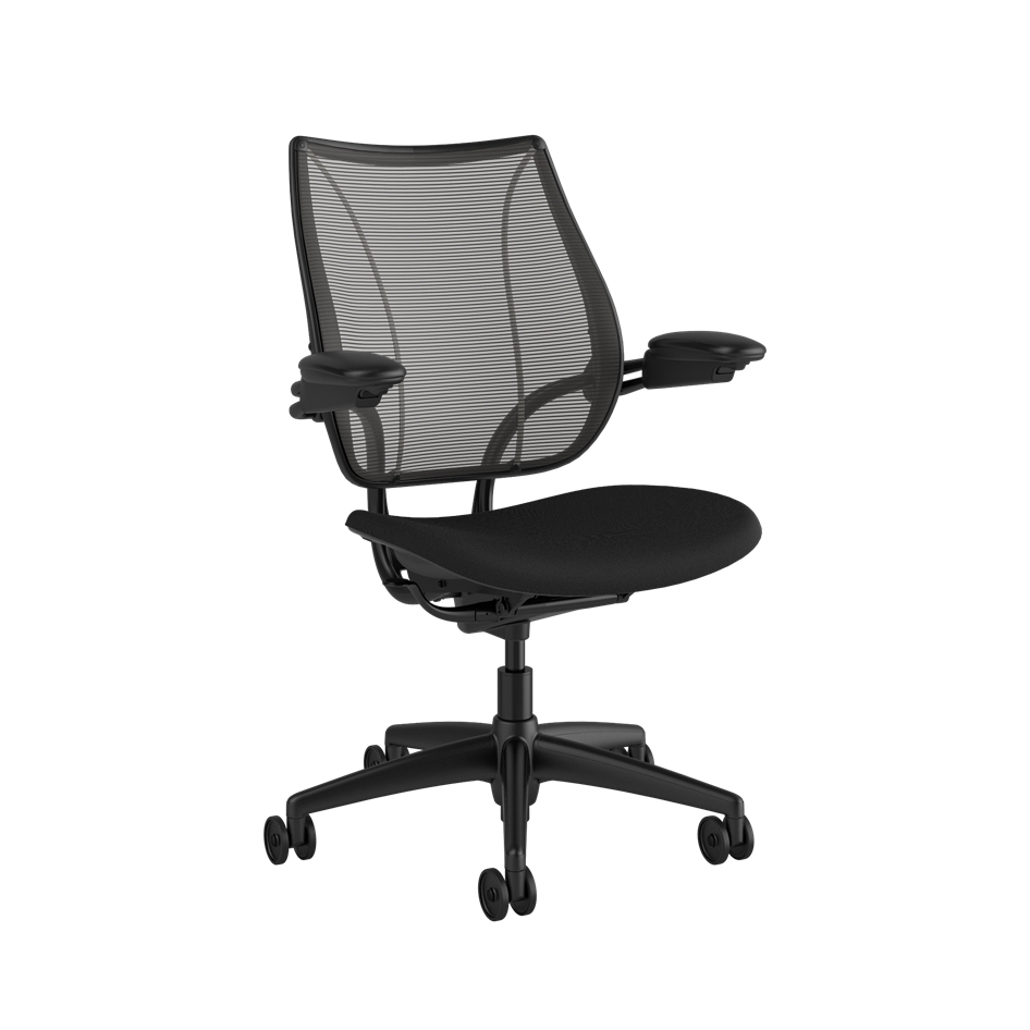 l11Tv4_0030 A black ergonomic liberty ocean chair with a mesh backrest, cushioned seat, adjustable armrests, and a swivel base on five wheels.